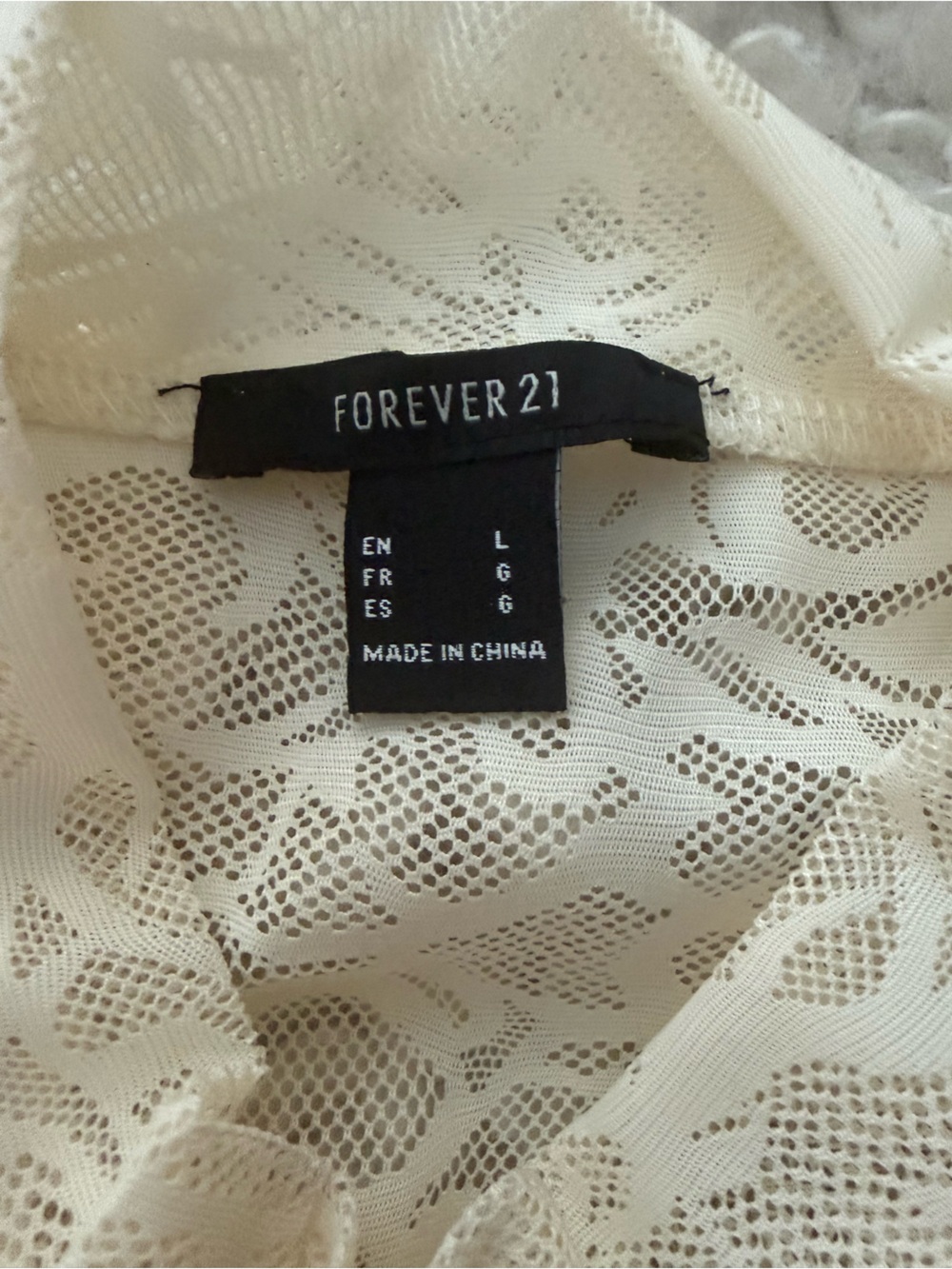 Forever 21 Cream Lace Mock-Neck Long Sleeve Top / Size Large Sheer Lace Shirt - Picture 5 of 6